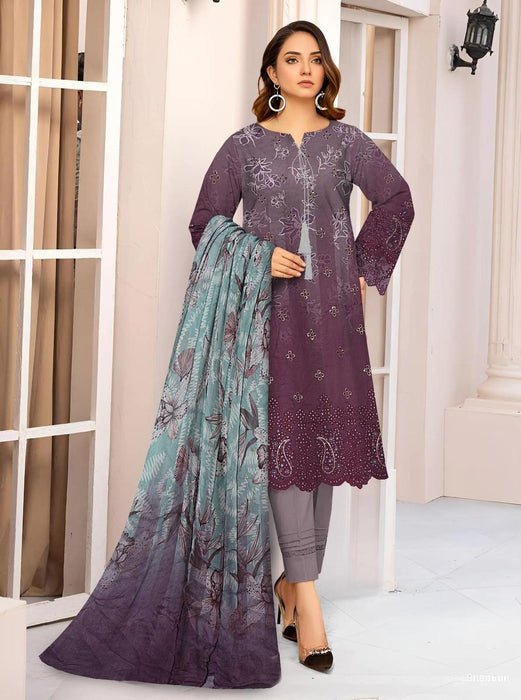 Elegant Purple Linen Suit with Chikankari Embroidered Accents