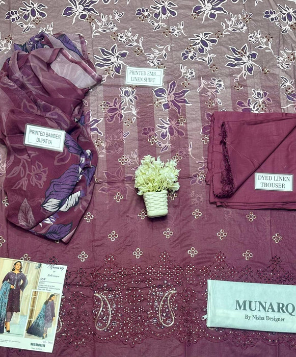 Elegant Purple Linen Suit with Chikankari Embroidered Accents