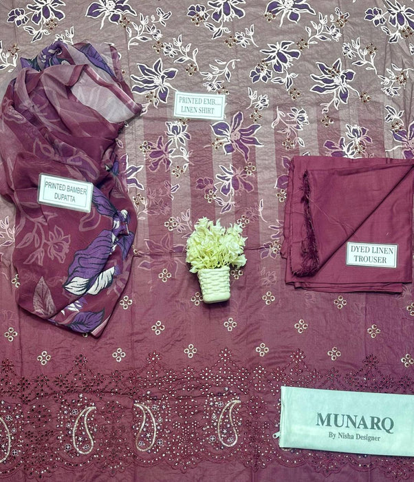 Elegant Purple Linen Suit with Chikankari Embroidered Accents